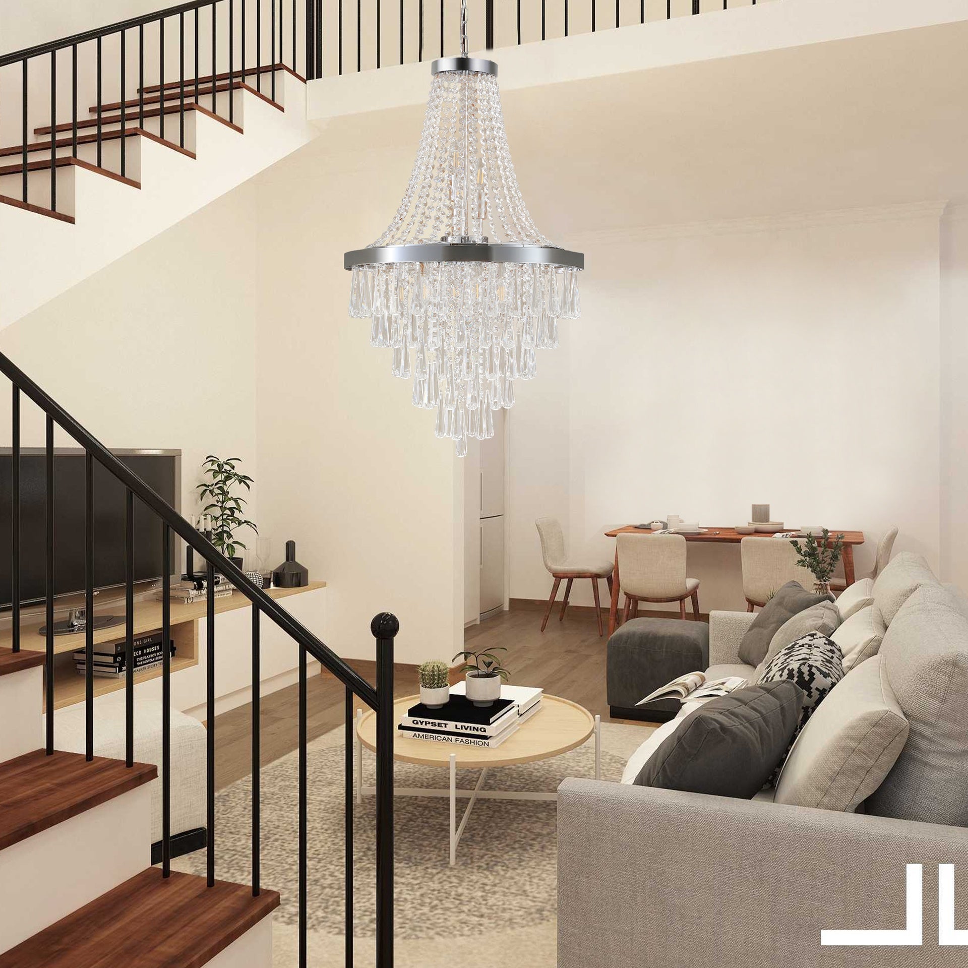 20" Chrome Crystal Chandelier with Adjustable Height, Modern Ceiling Light Fixture for Living Room, Dining Room, Staircase, 11-Light E12 Bulb Base (No Bulbs)