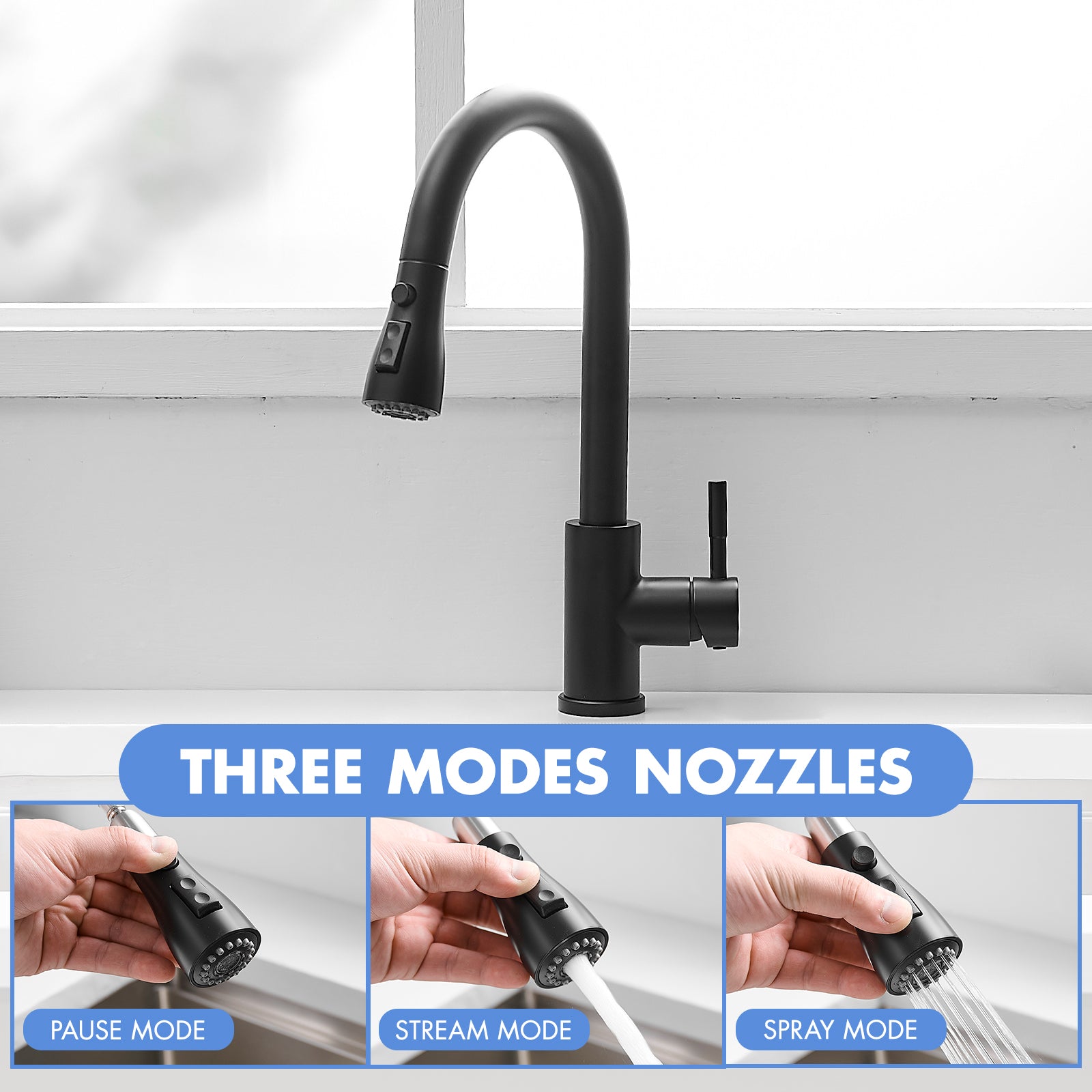 Kitchen Sink Faucet, Black Kitchen Faucets with Pull out Sprayer Stainless Steel Kitchen Faucet