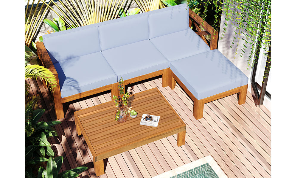 TOPMAX Outdoor Backyard Patio Wood 5-Piece Sectional Sofa Seating Group Set with Cushions, Natural Finish+ Gray Cushions