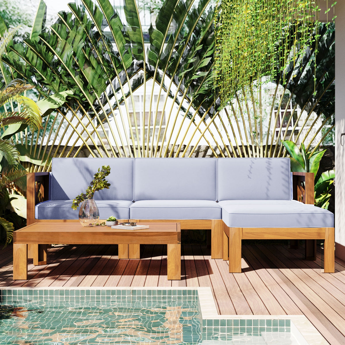 TOPMAX Outdoor Backyard Patio Wood 5-Piece Sectional Sofa Seating Group Set with Cushions, Natural Finish+ Gray Cushions