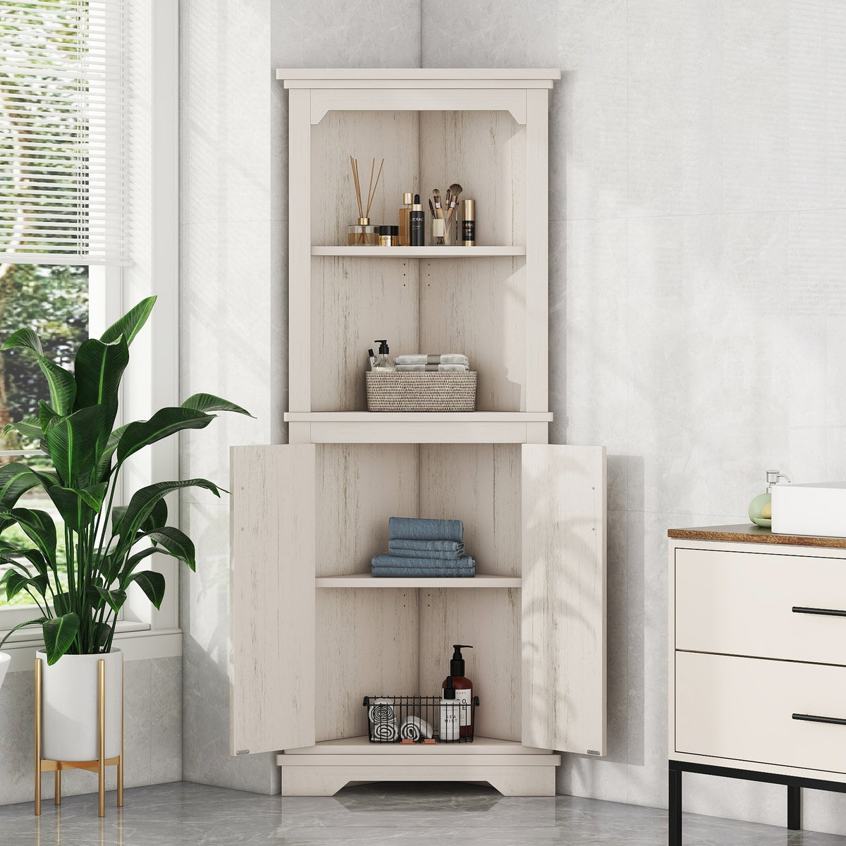 Tall Corner Cabinet with Doors for living room, bathroom,Dining Room or Kitchen,Beige