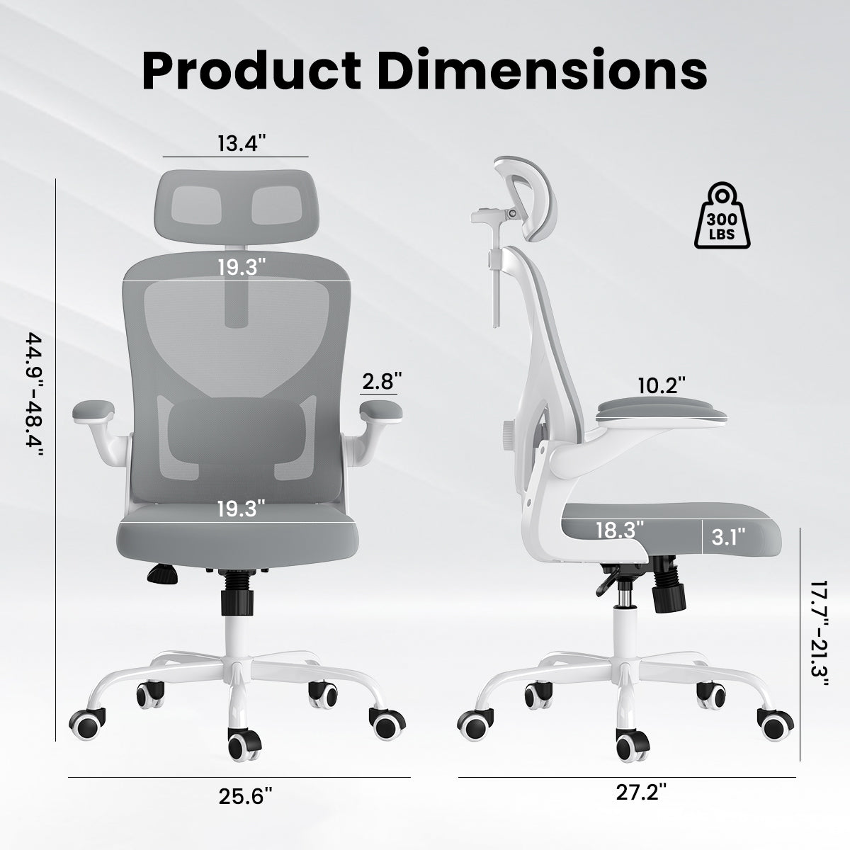 Ergonomic Office Chair, Home Office Desk Chair with Headrest, High Back Computer Chair with Armrests and Adjustable Lumbar Support for Home Office Study Room, White & Gray