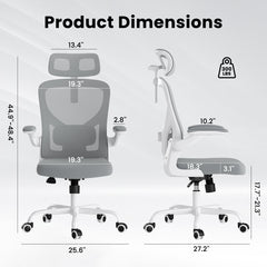 Ergonomic Office Chair, Home Office Desk Chair with Headrest, High Back Computer Chair with Armrests and Adjustable Lumbar Support for Home Office Study Room, White & Gray