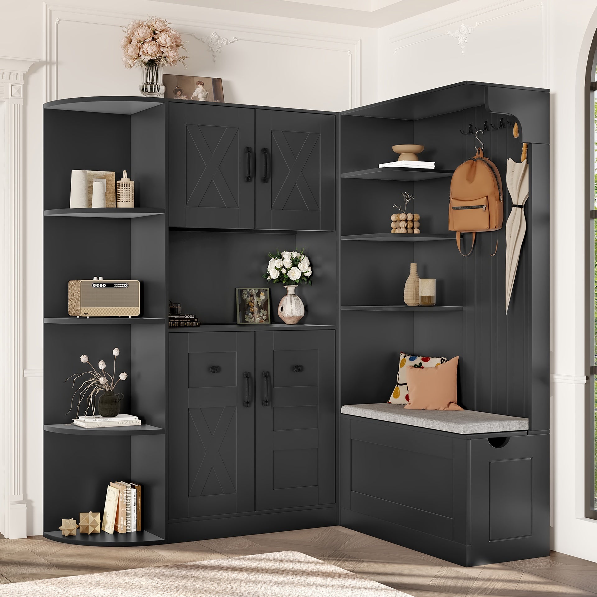 Multifunctional left-right combination hall cabinet (can be used separately) with storage and 4 hooks, storage cabinet/ hall tree 2 in 1 for living room, kitchen and hallway, Black