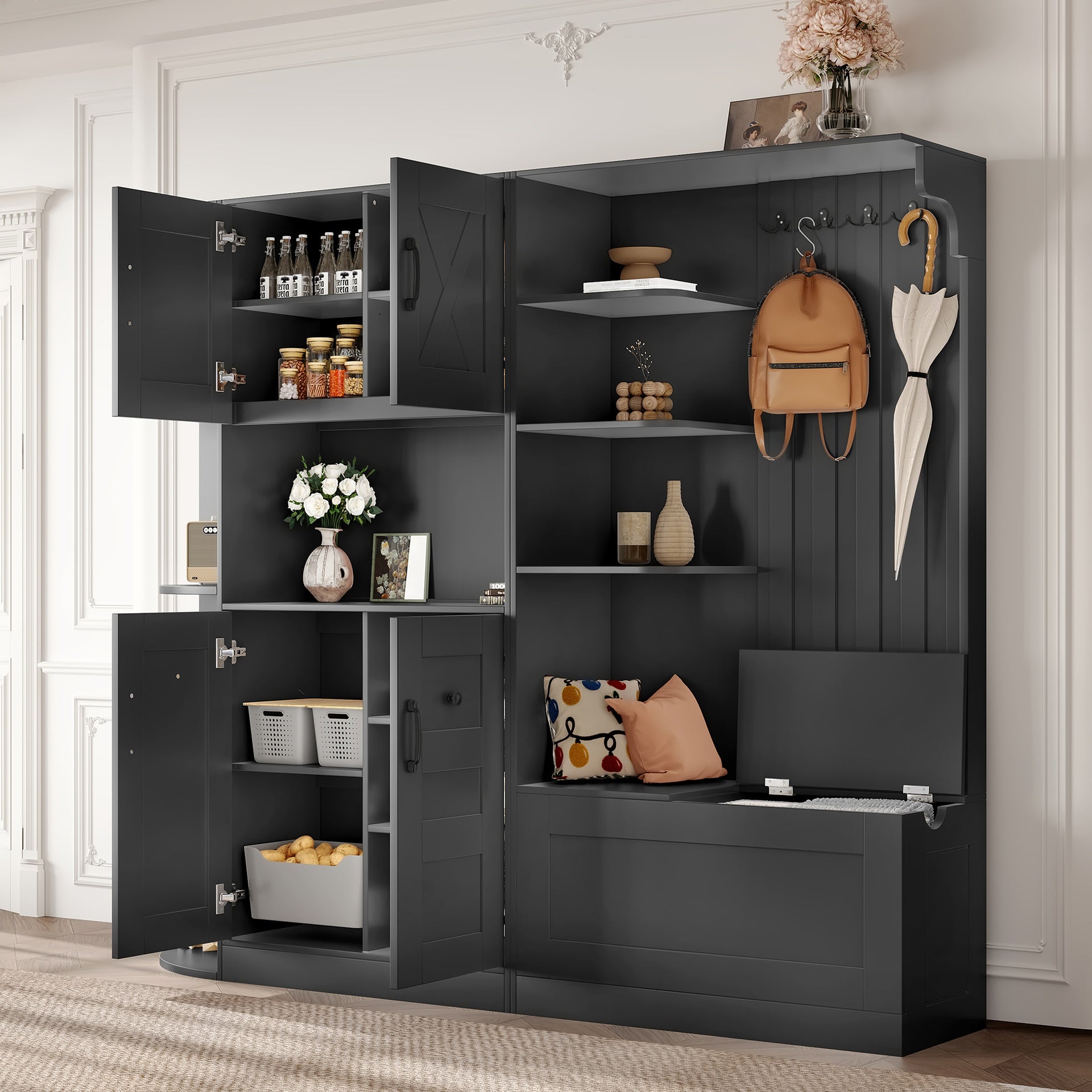 Multifunctional left-right combination hall cabinet (can be used separately) with storage and 4 hooks, storage cabinet/ hall tree 2 in 1 for living room, kitchen and hallway, Black