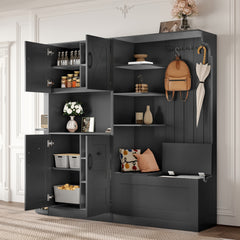 Multifunctional left-right combination hall cabinet (can be used separately) with storage and 4 hooks, storage cabinet/ hall tree 2 in 1 for living room, kitchen and hallway, Black