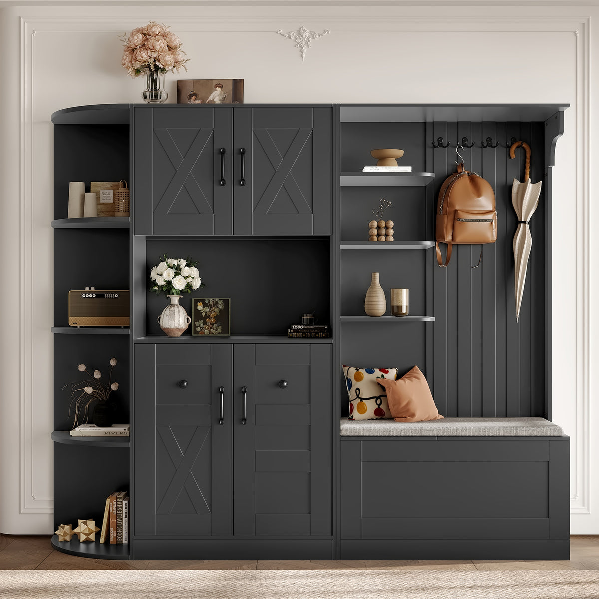 Multifunctional left-right combination hall cabinet (can be used separately) with storage and 4 hooks, storage cabinet/ hall tree 2 in 1 for living room, kitchen and hallway, Black