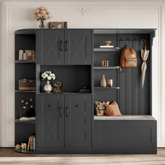 Multifunctional left-right combination hall cabinet (can be used separately) with storage and 4 hooks, storage cabinet/ hall tree 2 in 1 for living room, kitchen and hallway, Black