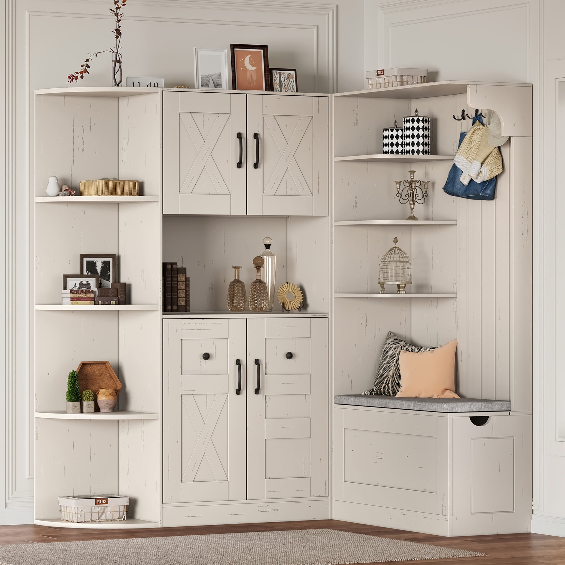 Multifunctional left-right combination hall cabinet (can be used separately) with storage and 4 hooks, storage cabinet/ hall tree 2 in 1 for living room, kitchen and hallway,antique Beige