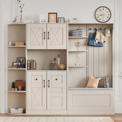 Multifunctional left-right combination hall cabinet (can be used separately) with storage and 4 hooks, storage cabinet/ hall tree 2 in 1 for living room, kitchen and hallway,antique Beige