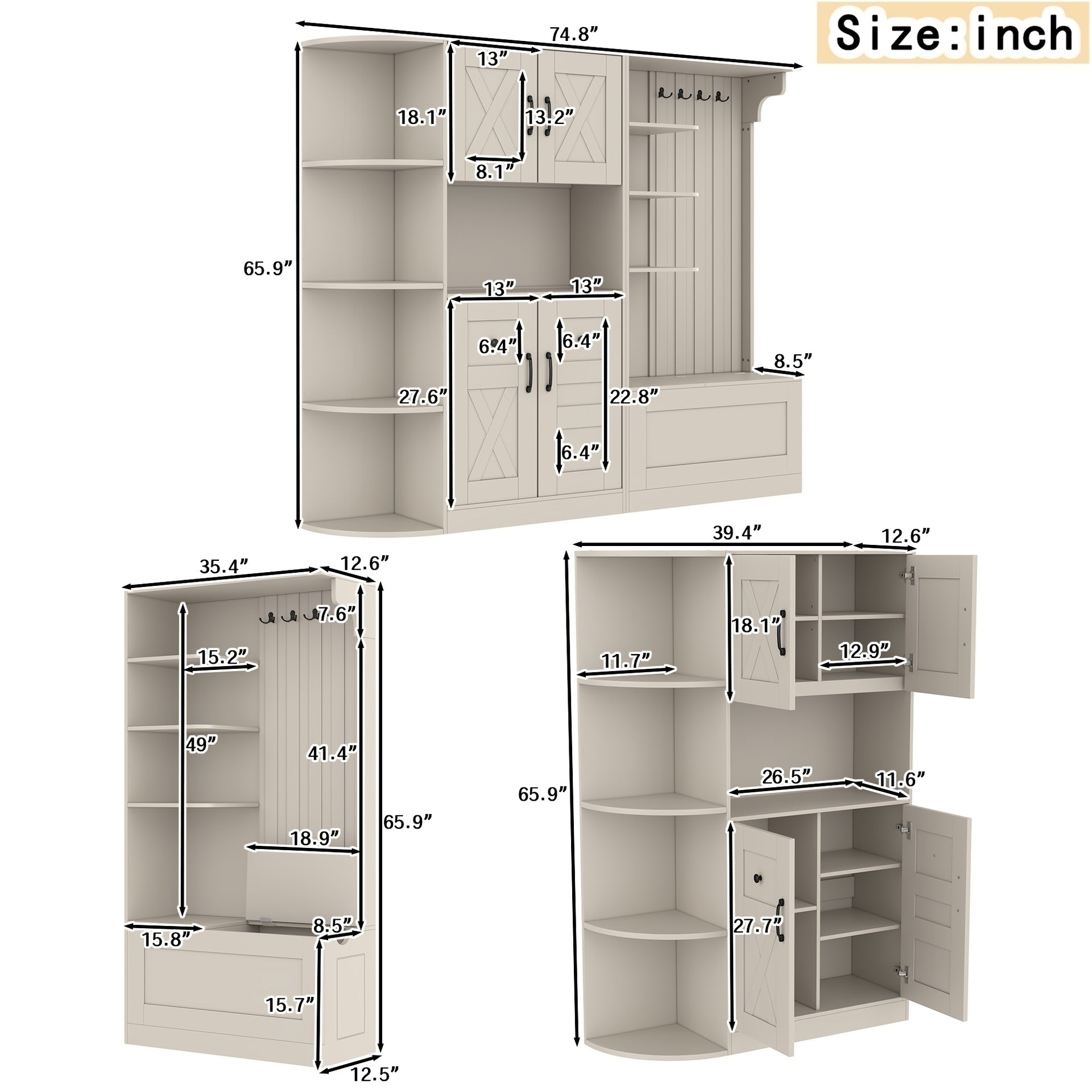 Multifunctional left-right combination hall cabinet (can be used separately) with storage and 4 hooks, storage cabinet/ hall tree 2 in 1 for living room, kitchen and hallway,antique Beige