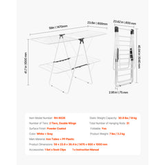 Clothes Drying Rack, 2-Tier Foldable Laundry Dryer Rack with Sock Clips & 31 Dry Rods, Metal Height Adjustable Drying Racks for Outdoor & Indoor, Free-Standing & Space-Saving Hanger, White