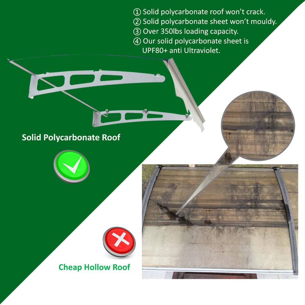 DA4734C Series Door Window Awning Canopy Made of  0.137 Inch Thick Crystal Solid Polycarbonate Sheet and Aluminum Alloy with Valance in size of 47" Wide x 34" Deep for Masonry Concrete Wall