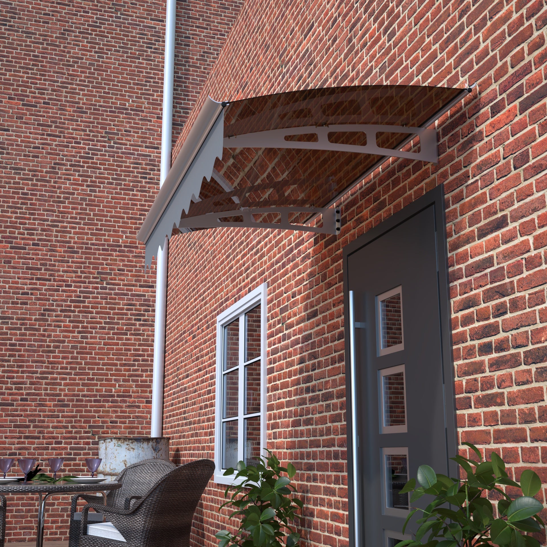 DA4734C Series Door Window Awning Canopy Made of  0.137 Inch Thick Crystal Solid Polycarbonate Sheet and Aluminum Alloy with Valance in size of 47" Wide x 34" Deep for Masonry Concrete Wall