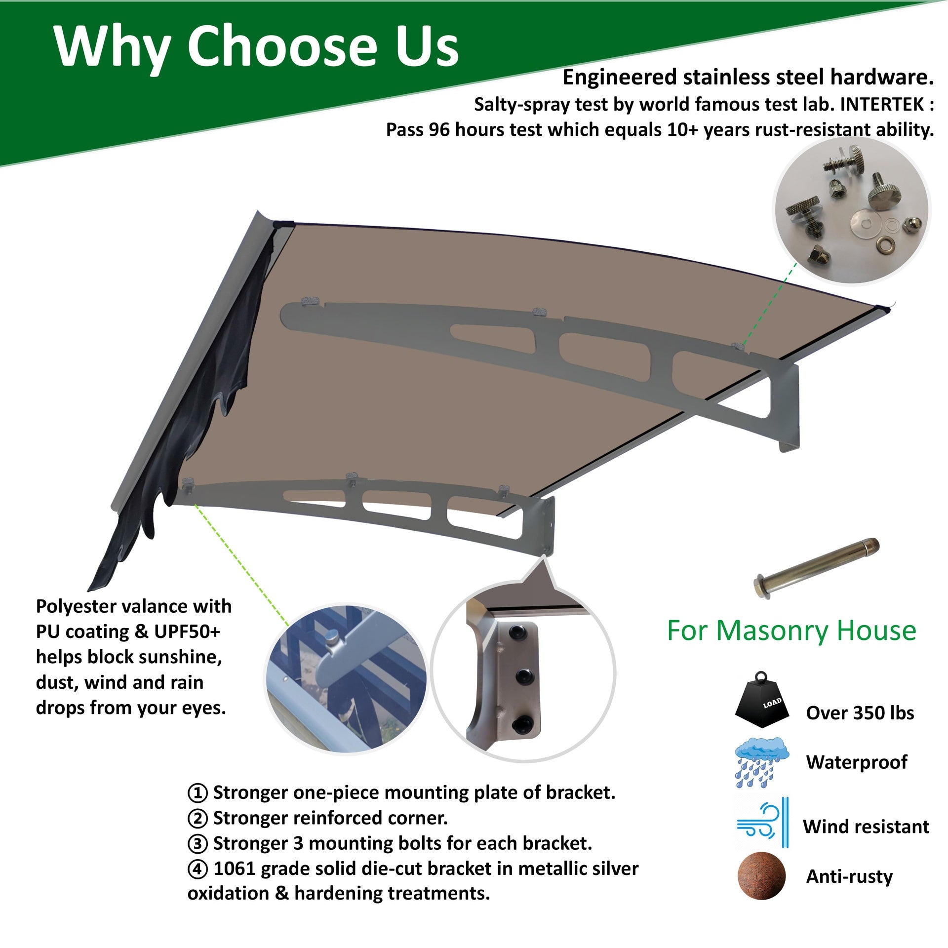 DA4734C Series Door Window Awning Canopy Made of  0.137 Inch Thick Crystal Solid Polycarbonate Sheet and Aluminum Alloy with Valance in size of 47" Wide x 34" Deep for Masonry Concrete Wall
