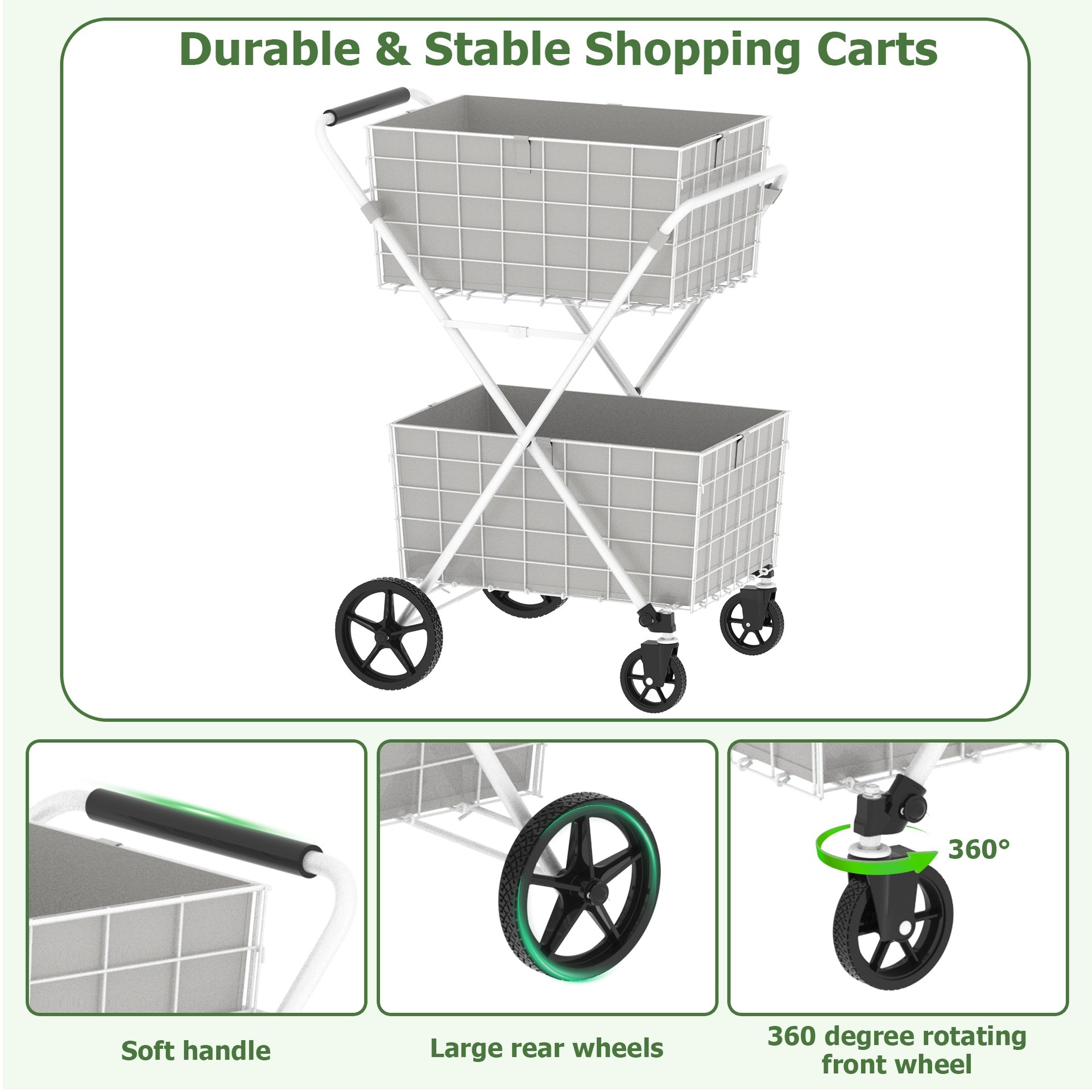 Extra Jumbo Shopping Cart,2 Layers Grocery Cart on Wheels, Foldable Utility Shopping Carts with Double Basket and 360° Rolling Swivel Wheels for Groceries Laundry, White
