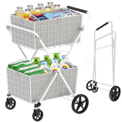 Extra Jumbo Shopping Cart,2 Layers Grocery Cart on Wheels, Foldable Utility Shopping Carts with Double Basket and 360° Rolling Swivel Wheels for Groceries Laundry, White