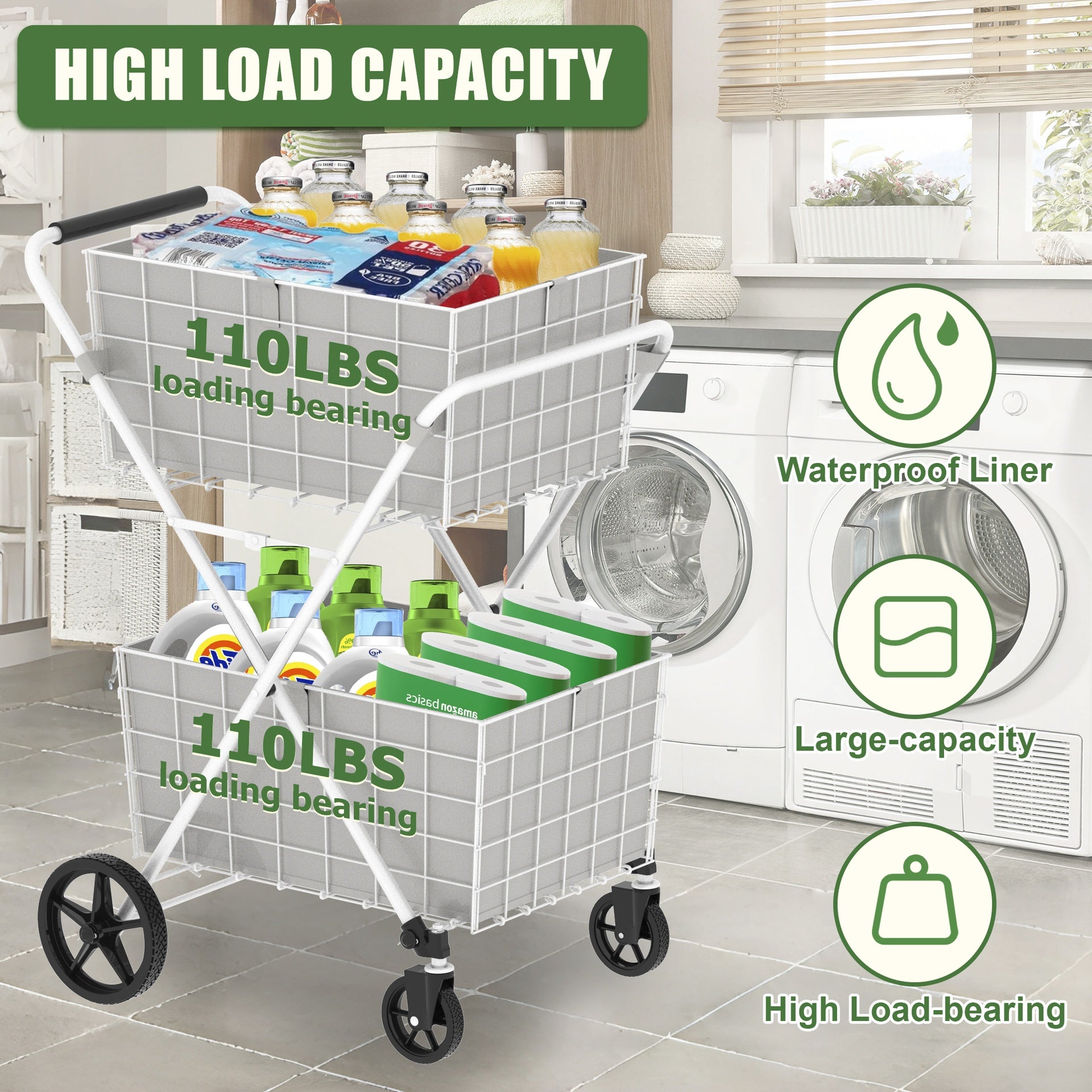 Extra Jumbo Shopping Cart,2 Layers Grocery Cart on Wheels, Foldable Utility Shopping Carts with Double Basket and 360° Rolling Swivel Wheels for Groceries Laundry, White
