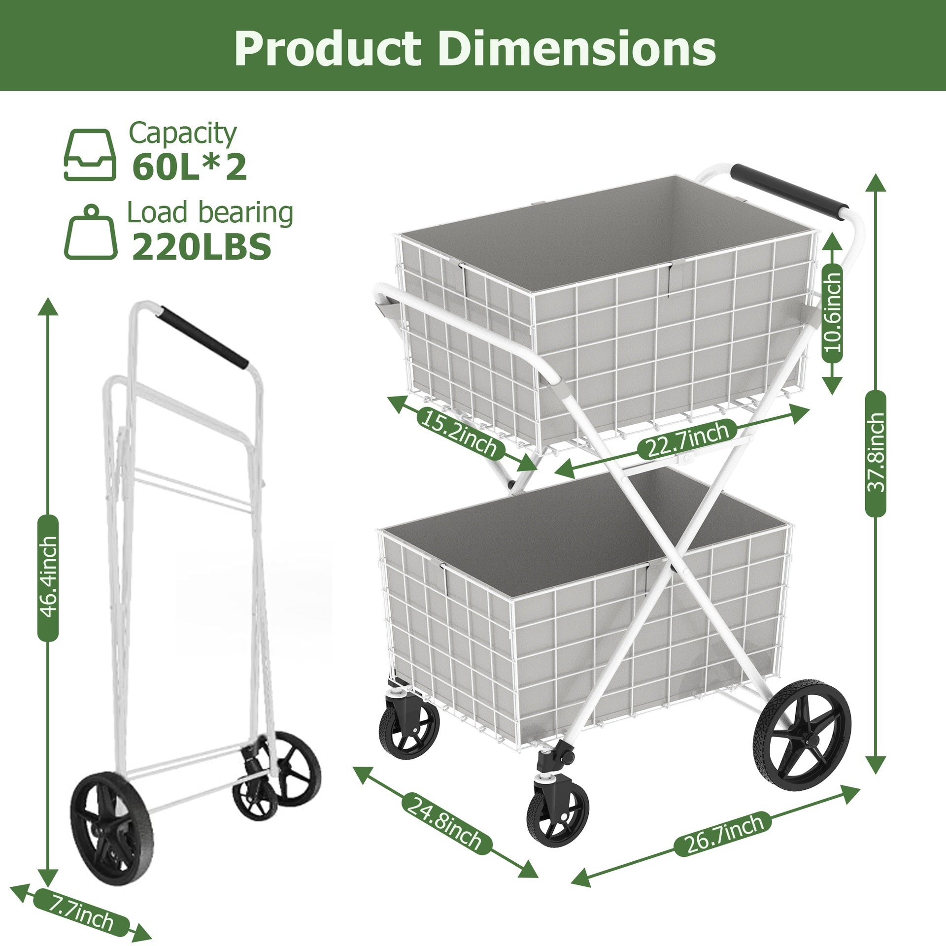 Extra Jumbo Shopping Cart,2 Layers Grocery Cart on Wheels, Foldable Utility Shopping Carts with Double Basket and 360° Rolling Swivel Wheels for Groceries Laundry, White