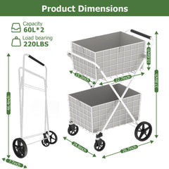 Extra Jumbo Shopping Cart,2 Layers Grocery Cart on Wheels, Foldable Utility Shopping Carts with Double Basket and 360° Rolling Swivel Wheels for Groceries Laundry, White