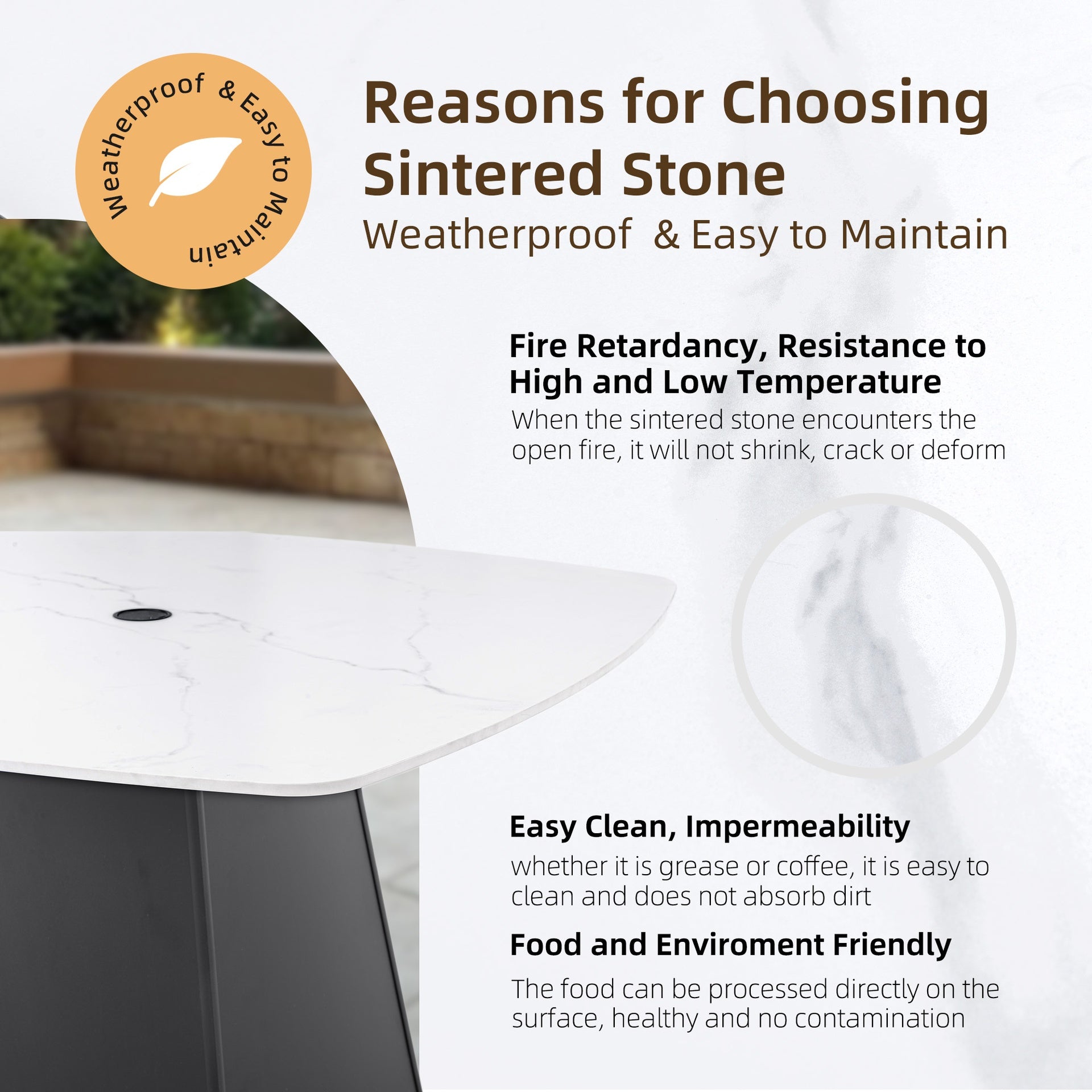 Modern 44" Rounded Square Outdoor Pedestal Dining Table, Greek Marble-Look Sintered Stone Top, Flared Pyramid Aluminum Base, Ember Black Finish, Rust-Free, Seats 4 – Patio/Deck/Poolside