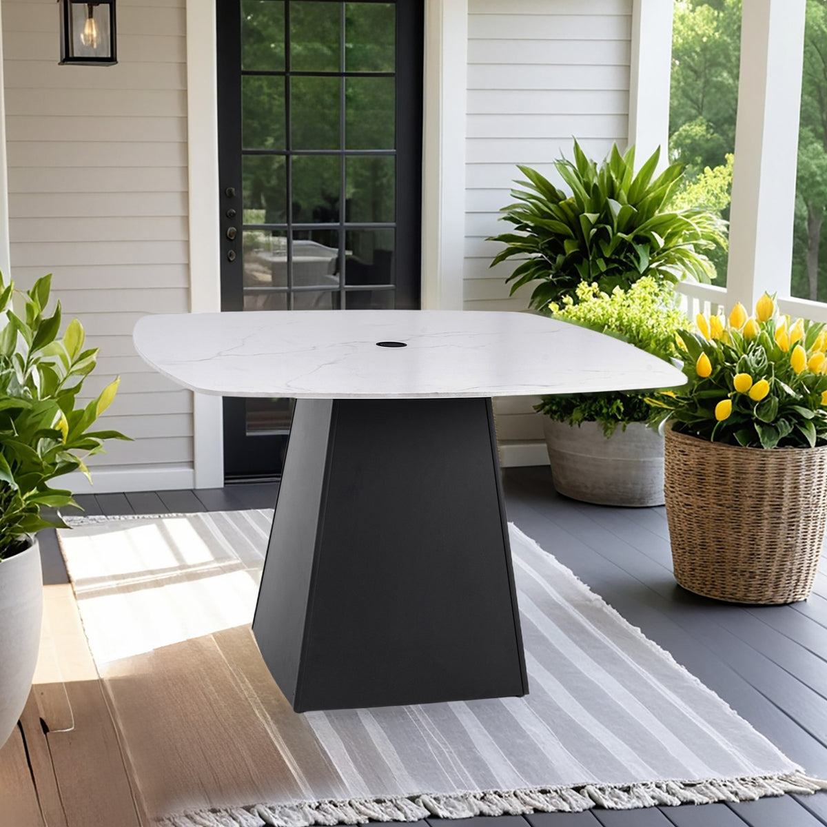 Modern 44" Rounded Square Outdoor Pedestal Dining Table, Greek Marble-Look Sintered Stone Top, Flared Pyramid Aluminum Base, Ember Black Finish, Rust-Free, Seats 4 – Patio/Deck/Poolside
