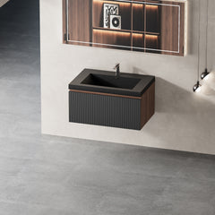30'' Floating Bathroom Vanity with Sink, Wall-Mounted Striped Bathroom Storage Cabinet with Soft-Close Drawers and Black Quartz Sand Basin, Fully Assembled, Smoked Walnut 24V16-30WAB-W1920P385434