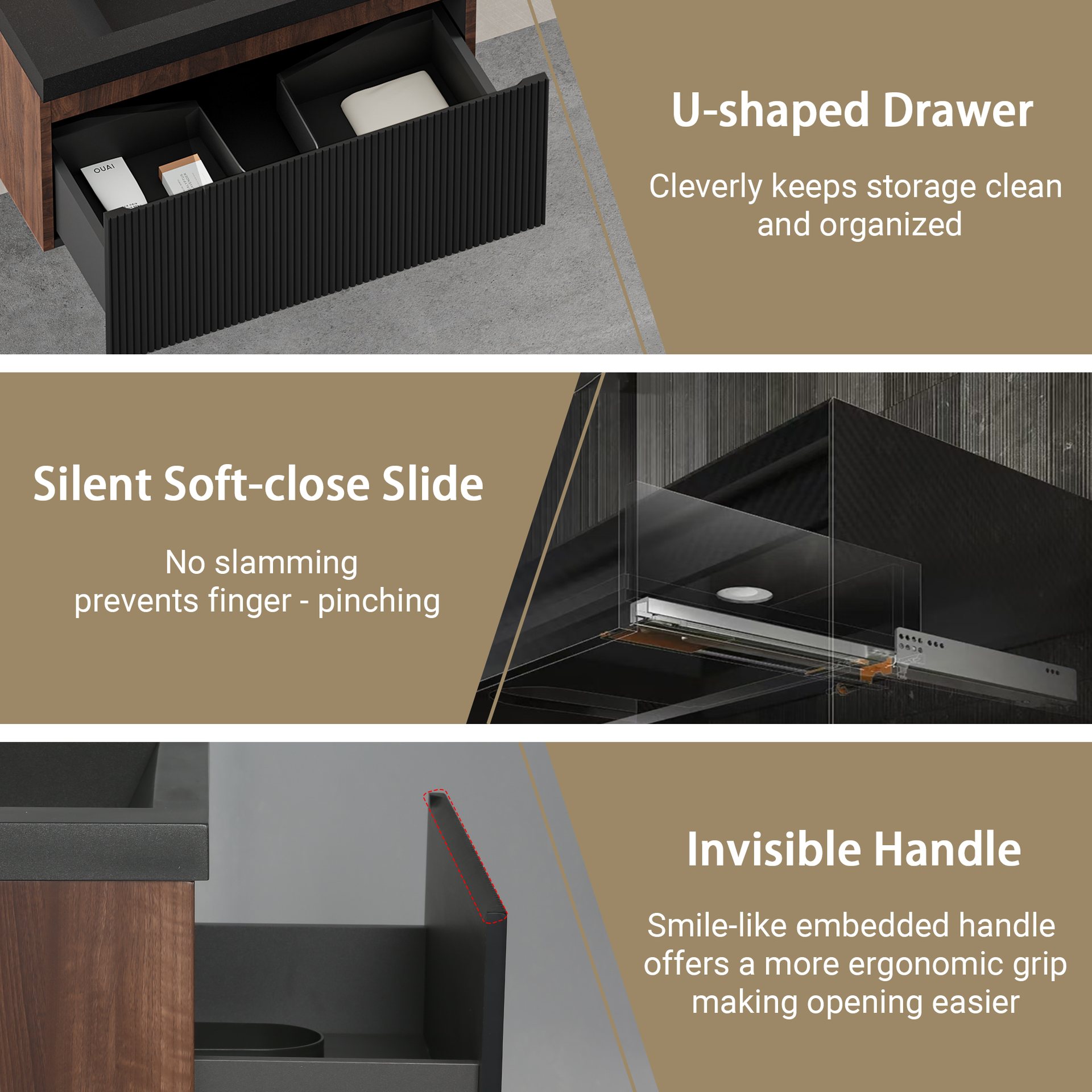 30'' Floating Bathroom Vanity with Sink, Wall-Mounted Striped Bathroom Storage Cabinet with Soft-Close Drawers and Black Quartz Sand Basin, Fully Assembled, Smoked Walnut 24V16-30WAB-W1920P385434