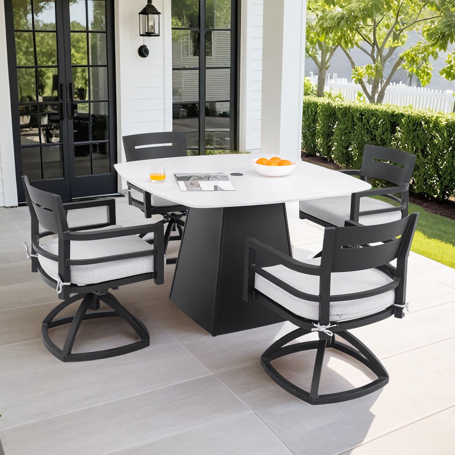 5-Piece Outdoor Pedestal Dining Set, 44" Rounded Square Sintered Stone Table with Flared Base and 4 Swivel Rockers, Sunbrella Cushions, Rust-Free Aluminum, Weather-Resistant, for Patio or Deck