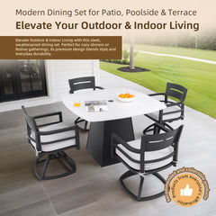 5-Piece Outdoor Pedestal Dining Set, 44" Rounded Square Sintered Stone Table with Flared Base and 4 Swivel Rockers, Sunbrella Cushions, Rust-Free Aluminum, Weather-Resistant, for Patio or Deck