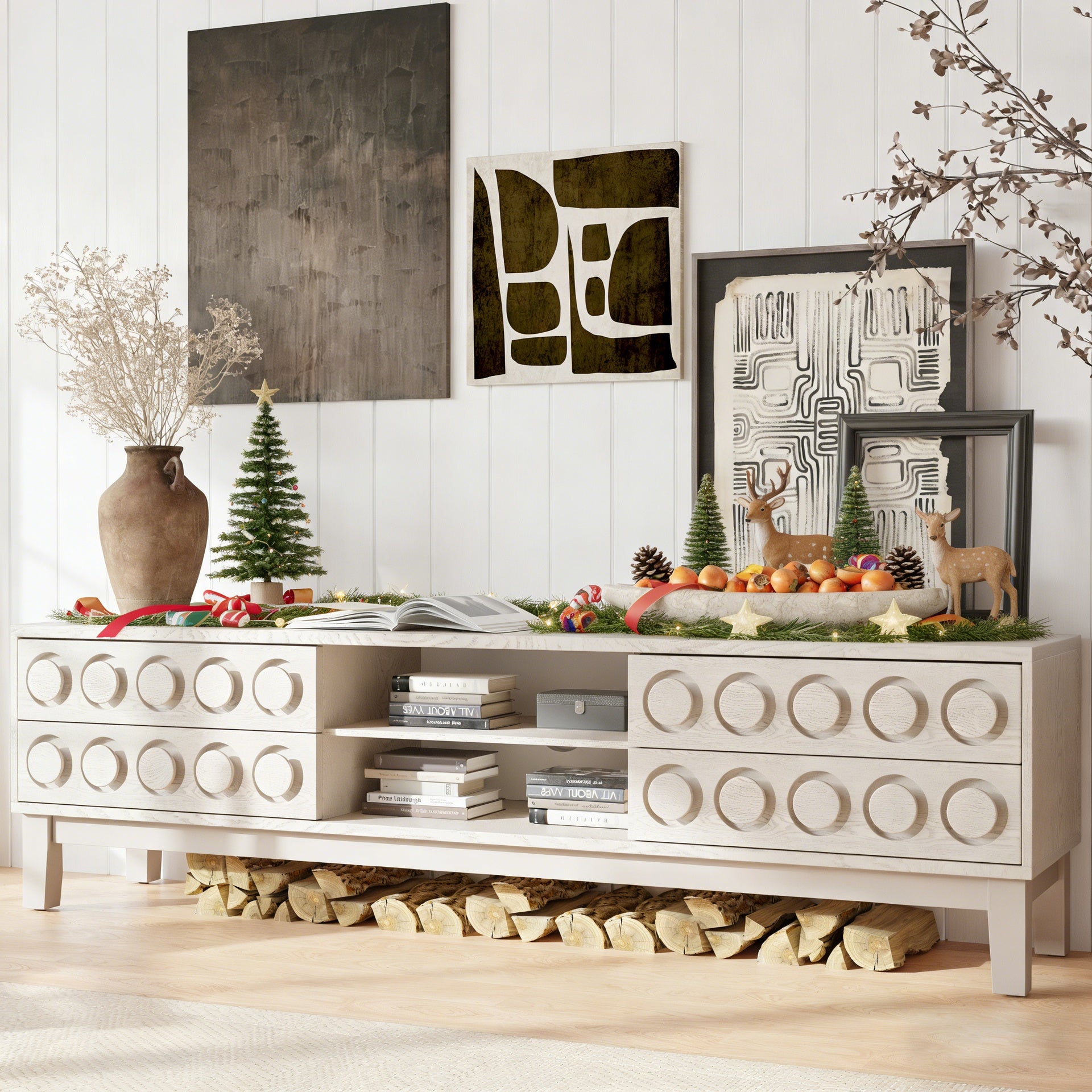 Modern Mid-Century Media Console with 4 Drawers and Cable Management, TV Console Table for TVs up to 75",Entertainment Center for Living Room and Office(White)