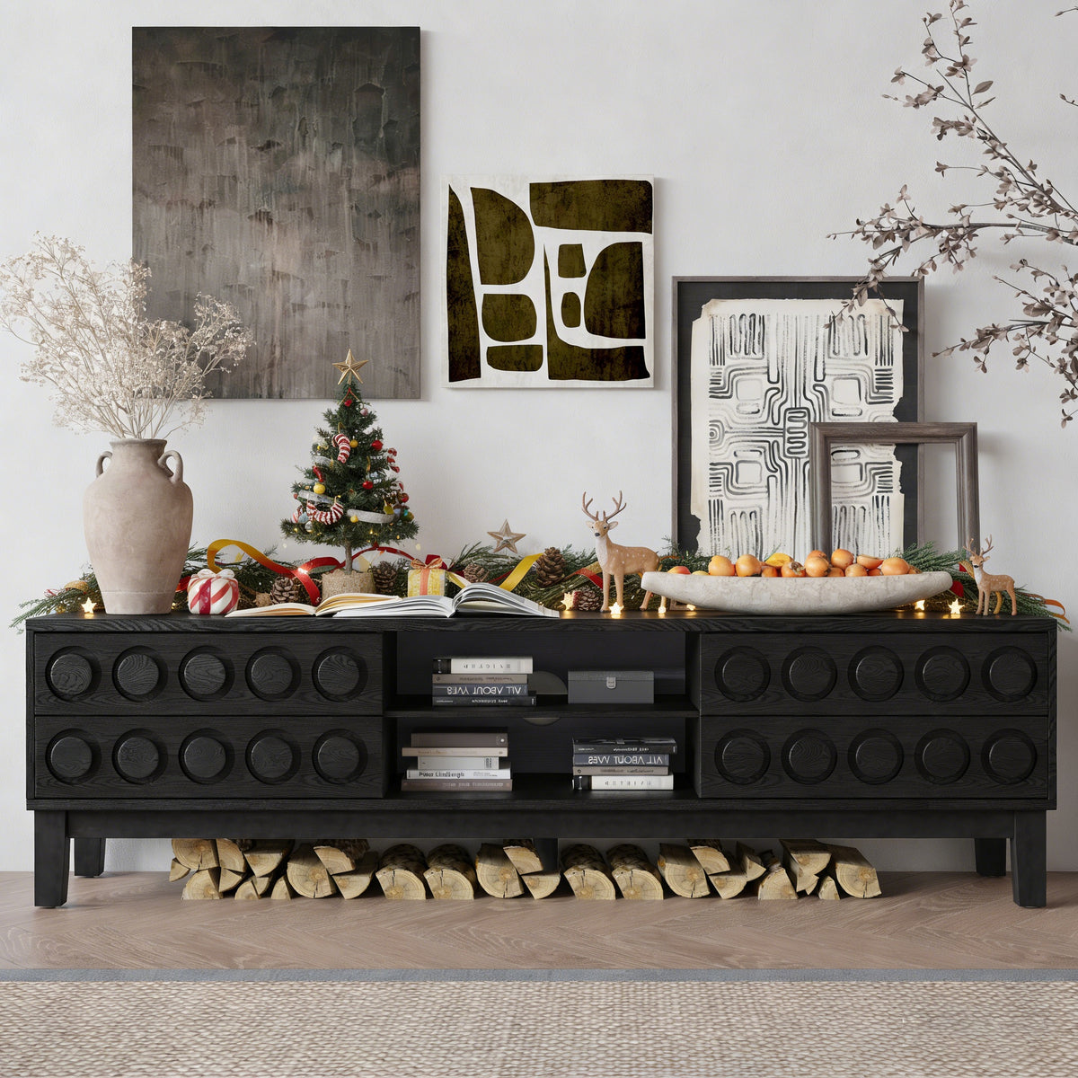 Modern Mid-Century Media Console with 4 Drawers and Cable Management, TV Console Table for TVs up to 75",Entertainment Center for Living Room and Office(Black)