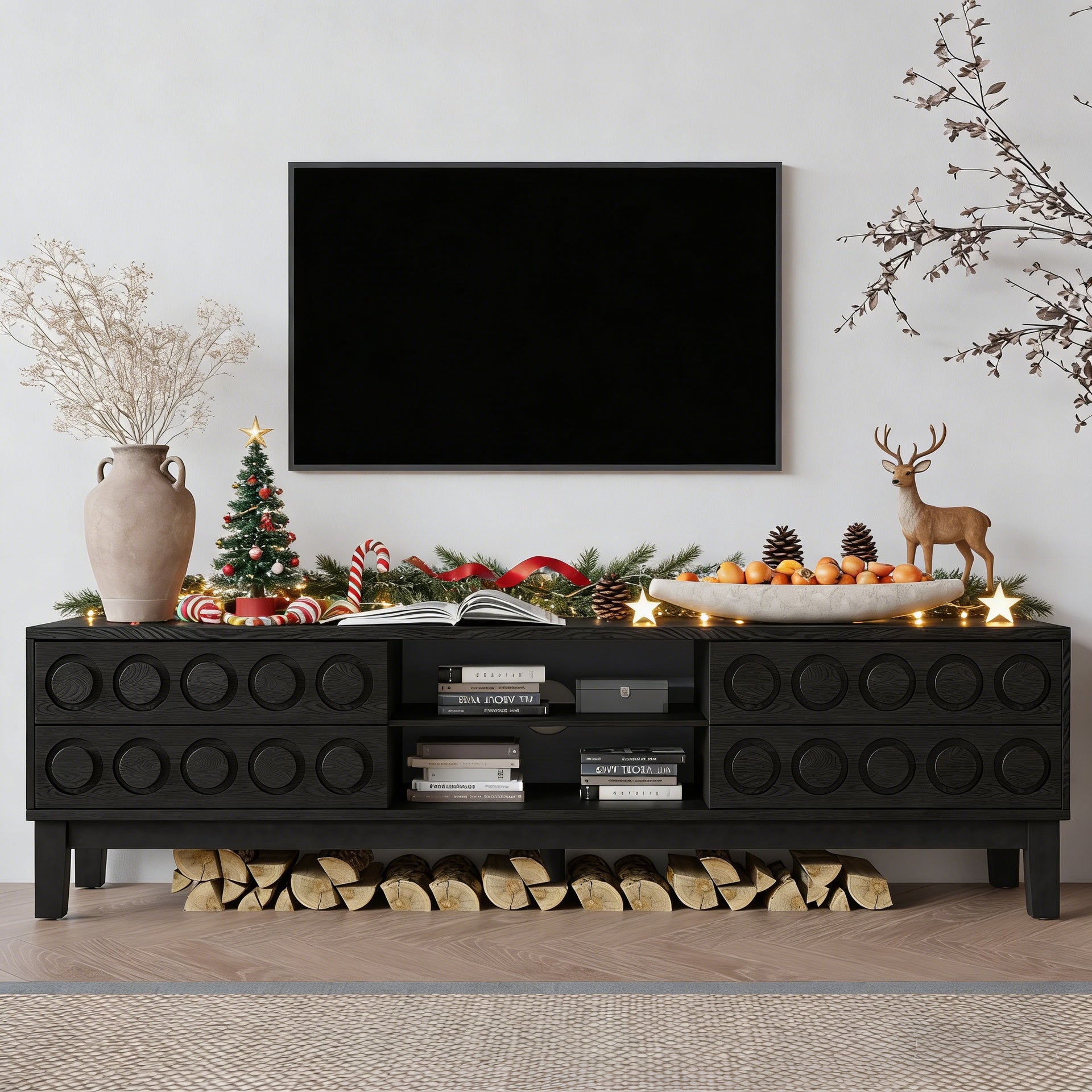 Modern Mid-Century Media Console with 4 Drawers and Cable Management, TV Console Table for TVs up to 75",Entertainment Center for Living Room and Office(Black)