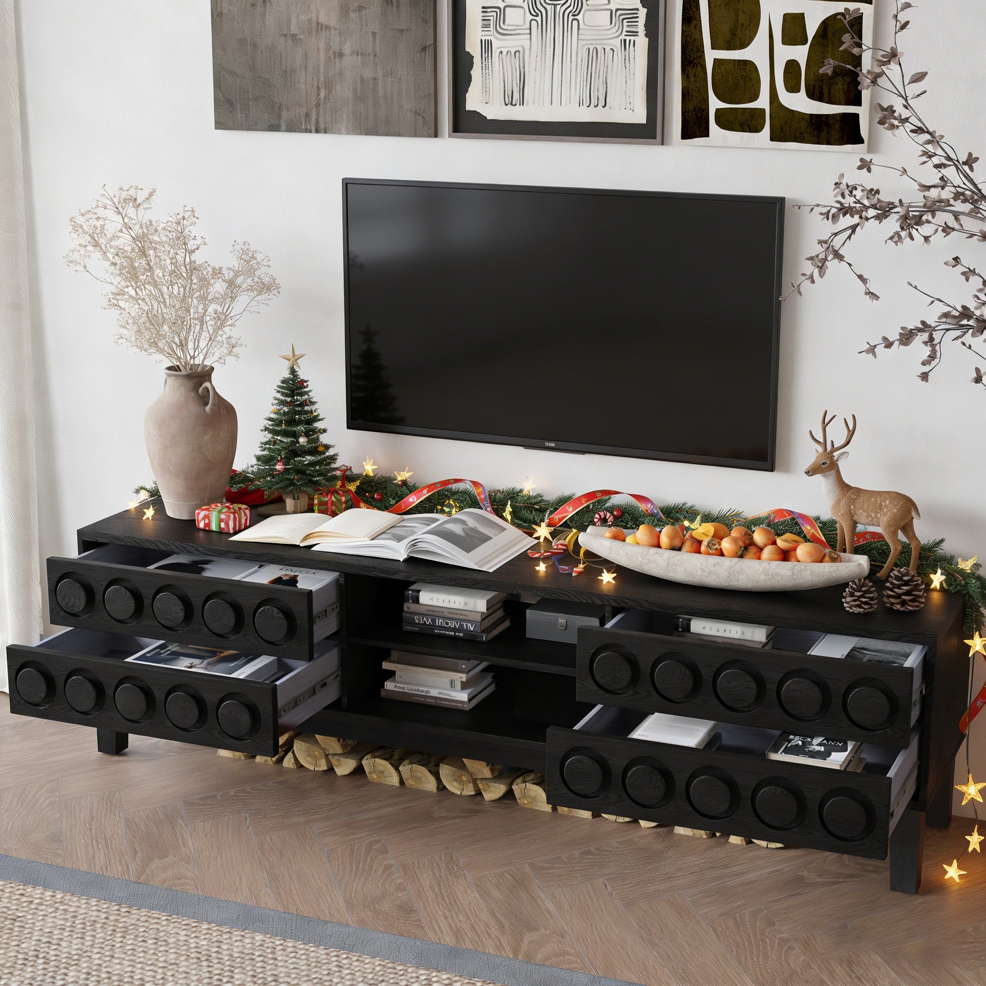 Modern Mid-Century Media Console with 4 Drawers and Cable Management, TV Console Table for TVs up to 75",Entertainment Center for Living Room and Office(Black)