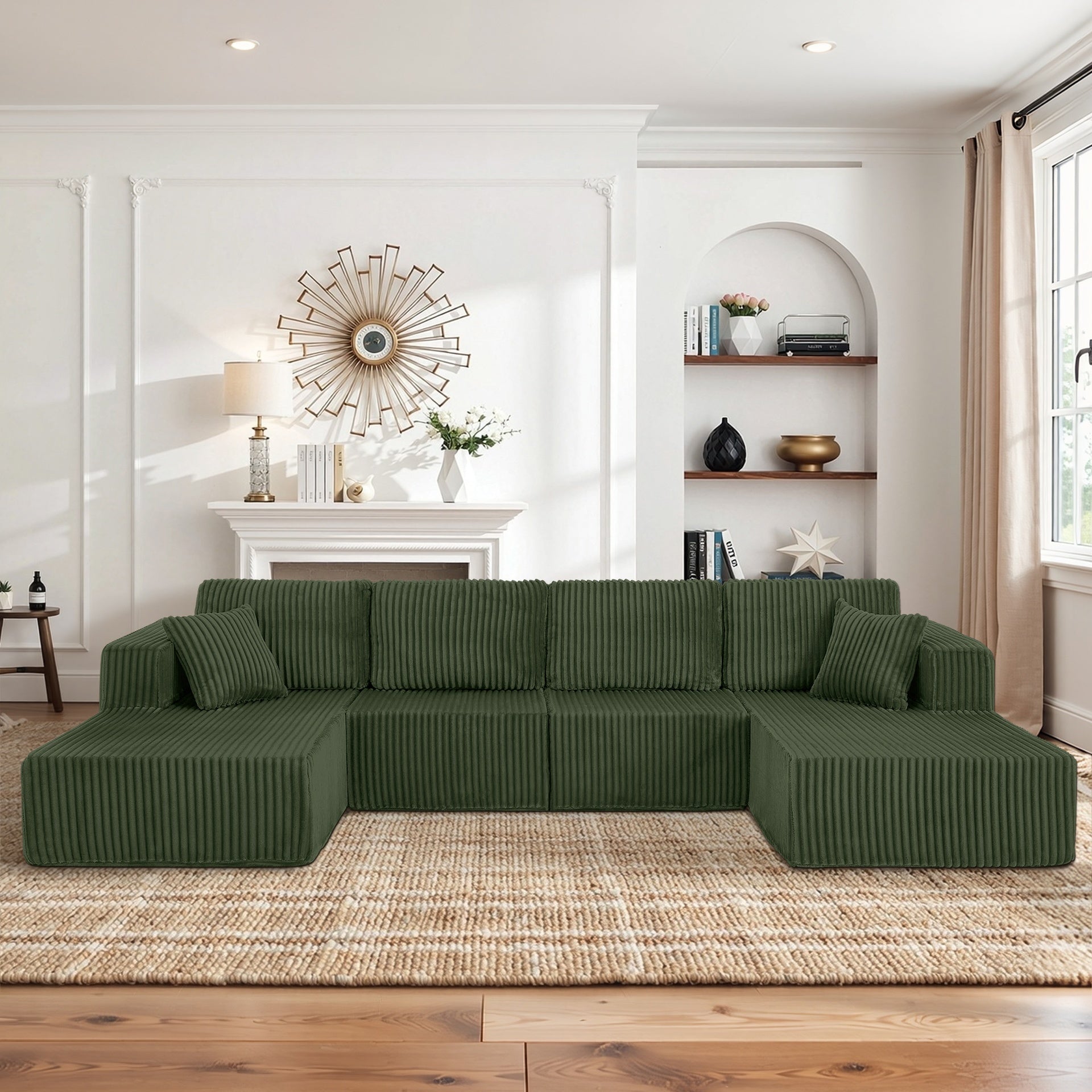 U-Shaped Modular Sectional Sofa [SIZE UPGRADED], Modern Minimalist Corduroy Compressed Sleeper Couch, Extra Spacious Design for Living Room/Bedroom, Comfy Space-Saving Sofa-Green
