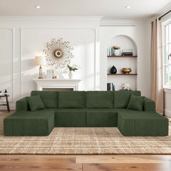U-Shaped Modular Sectional Sofa [SIZE UPGRADED], Modern Minimalist Corduroy Compressed Sleeper Couch, Extra Spacious Design for Living Room/Bedroom, Comfy Space-Saving Sofa-Green