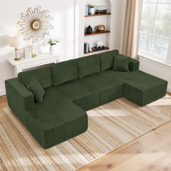 U-Shaped Modular Sectional Sofa [SIZE UPGRADED], Modern Minimalist Corduroy Compressed Sleeper Couch, Extra Spacious Design for Living Room/Bedroom, Comfy Space-Saving Sofa-Green