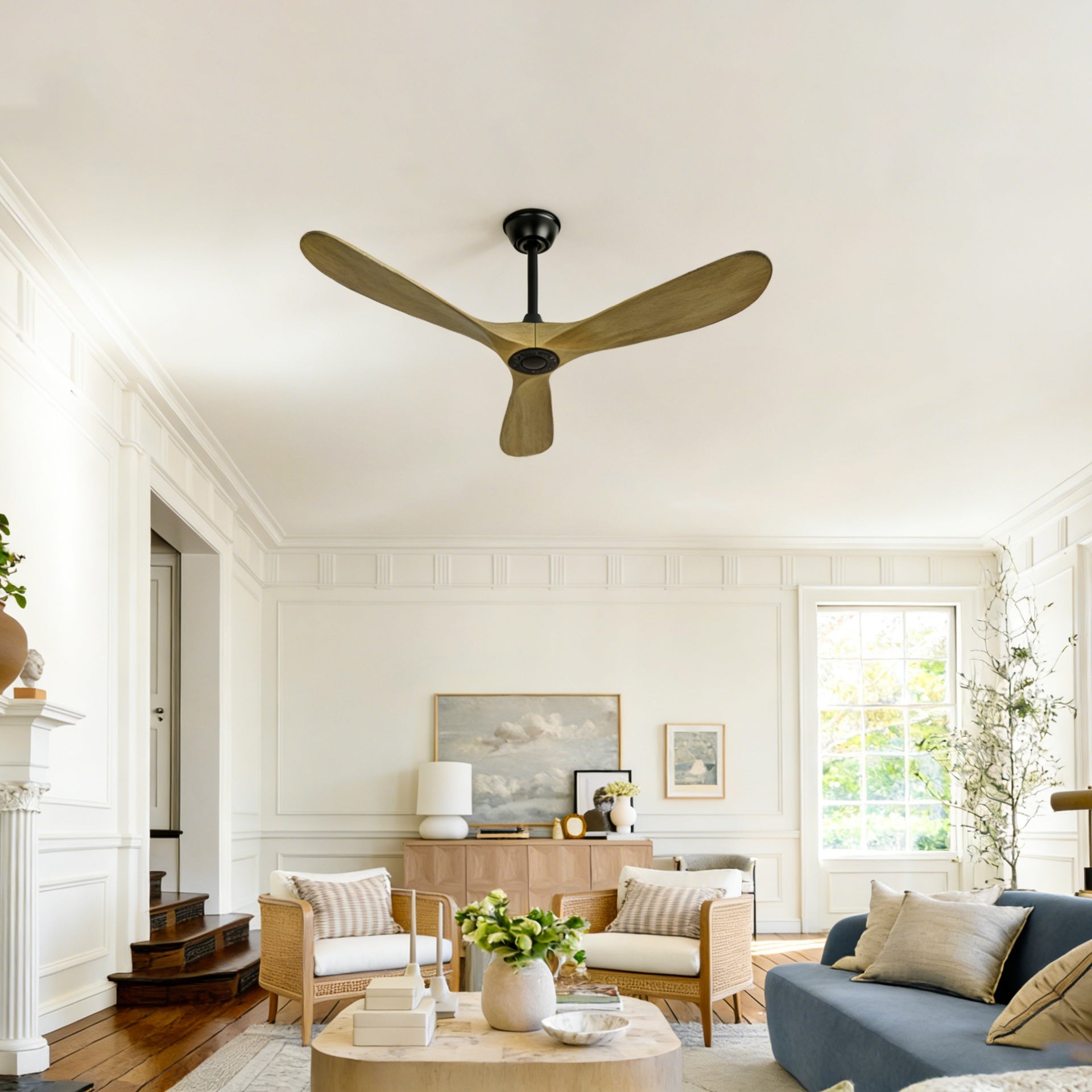 52" Wood Ceiling Fan no Light, 52 Inch Ceiling Fans without Lights with Remote Control and Wall Switch, Indoor Outdoor Ceiling Fan no Light for Patio,Indoor,Living Room,Bedroom,Farmhouse--ASH
