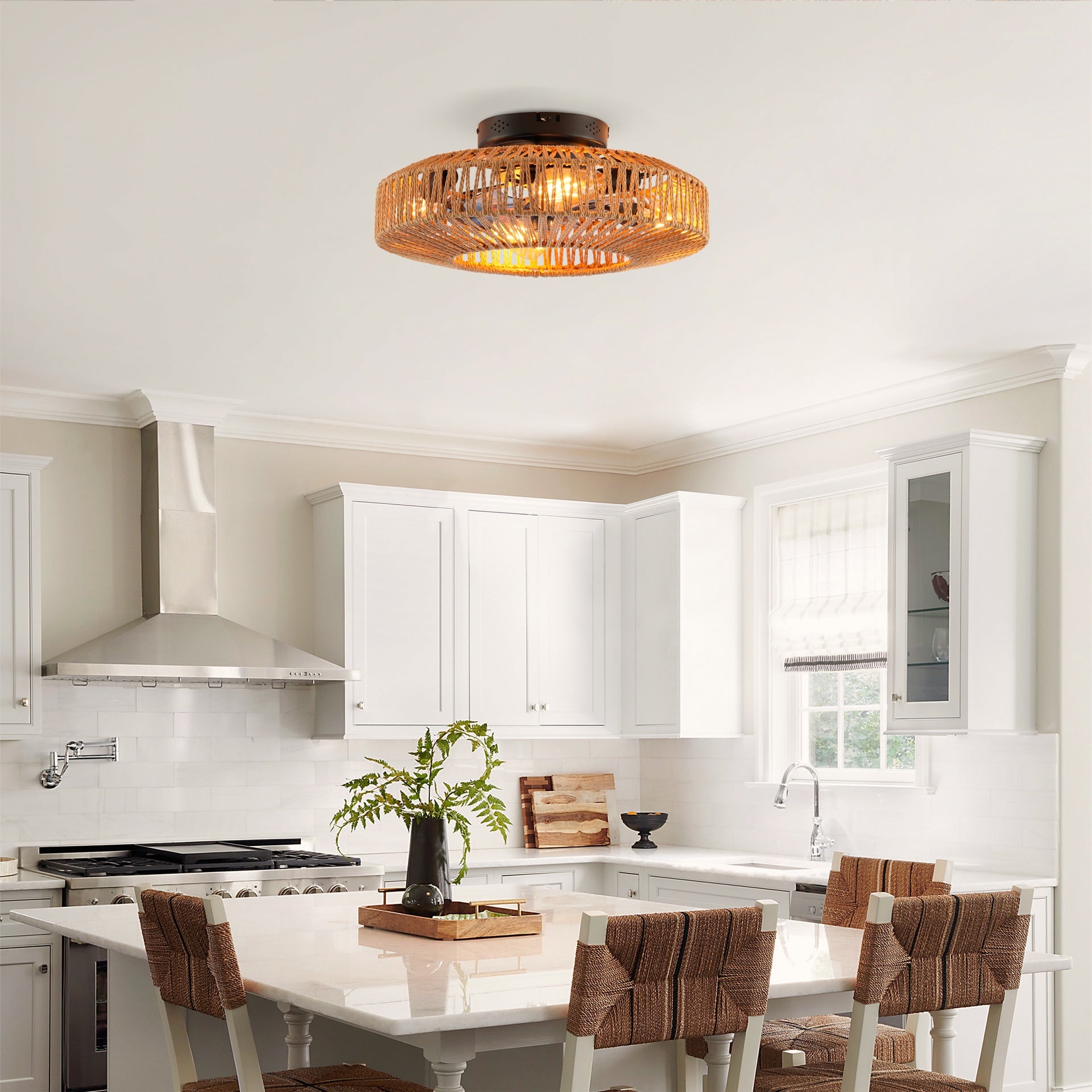 20"  Rope Caged Ceiling Fans with  Remote,  Flush Mount Ceiling Fan with Light, Low Profile Chandelier 6 Speed DC Motor Reversible Ceiling Fan For  Living Room Bedroom.--NOT INCLUDED BULBS-Matte Black