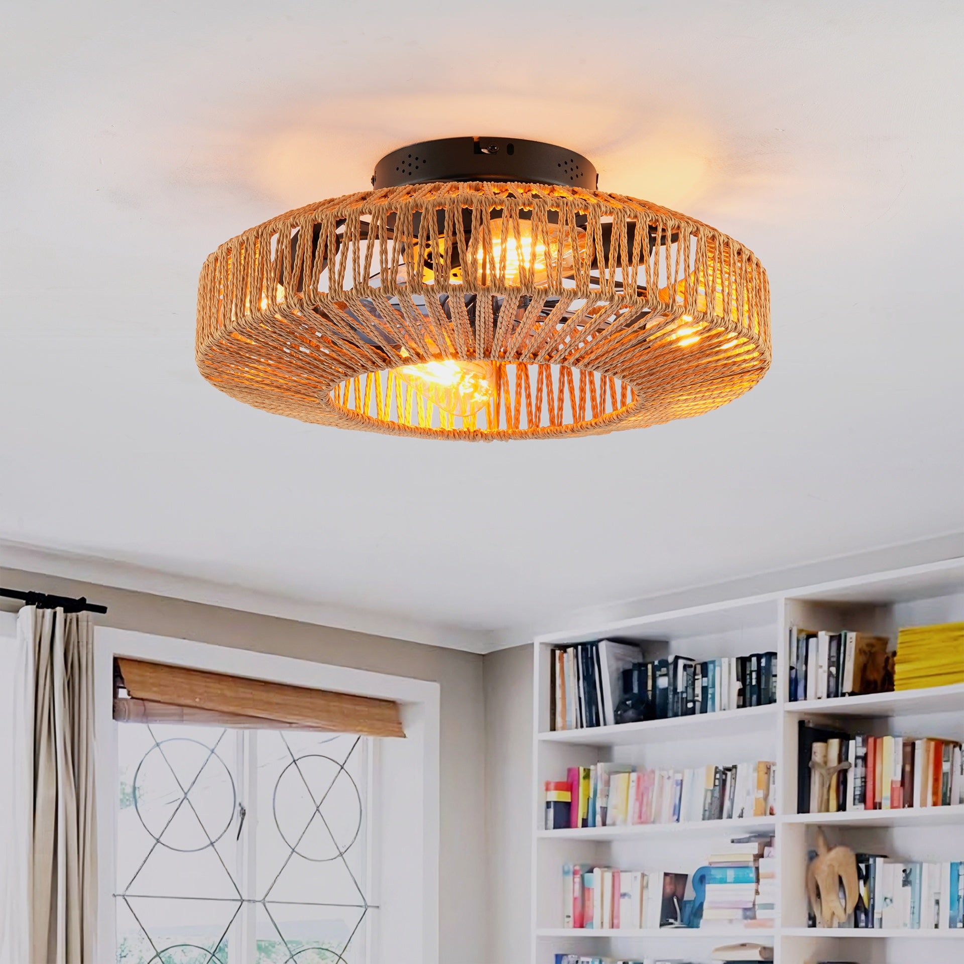 20"  Rope Caged Ceiling Fans with  Remote,  Flush Mount Ceiling Fan with Light, Low Profile Chandelier 6 Speed DC Motor Reversible Ceiling Fan For  Living Room Bedroom.--NOT INCLUDED BULBS-Matte Black