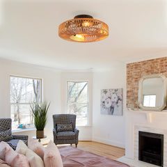 20"  Rope Caged Ceiling Fans with  Remote,  Flush Mount Ceiling Fan with Light, Low Profile Chandelier 6 Speed DC Motor Reversible Ceiling Fan For  Living Room Bedroom.--NOT INCLUDED BULBS-Matte Black