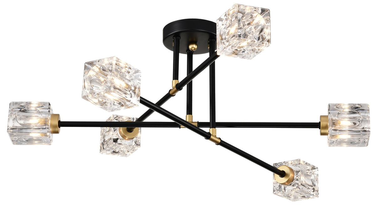 Modern Ceiling Lamp with  Light Fixture (6*G9 Bulbs Included),Modern Semi Flush Mount Light Fixture Crystal Chandelier for Dining Room, Bedroom, Living Room--Matte Black 
+Matte Gold