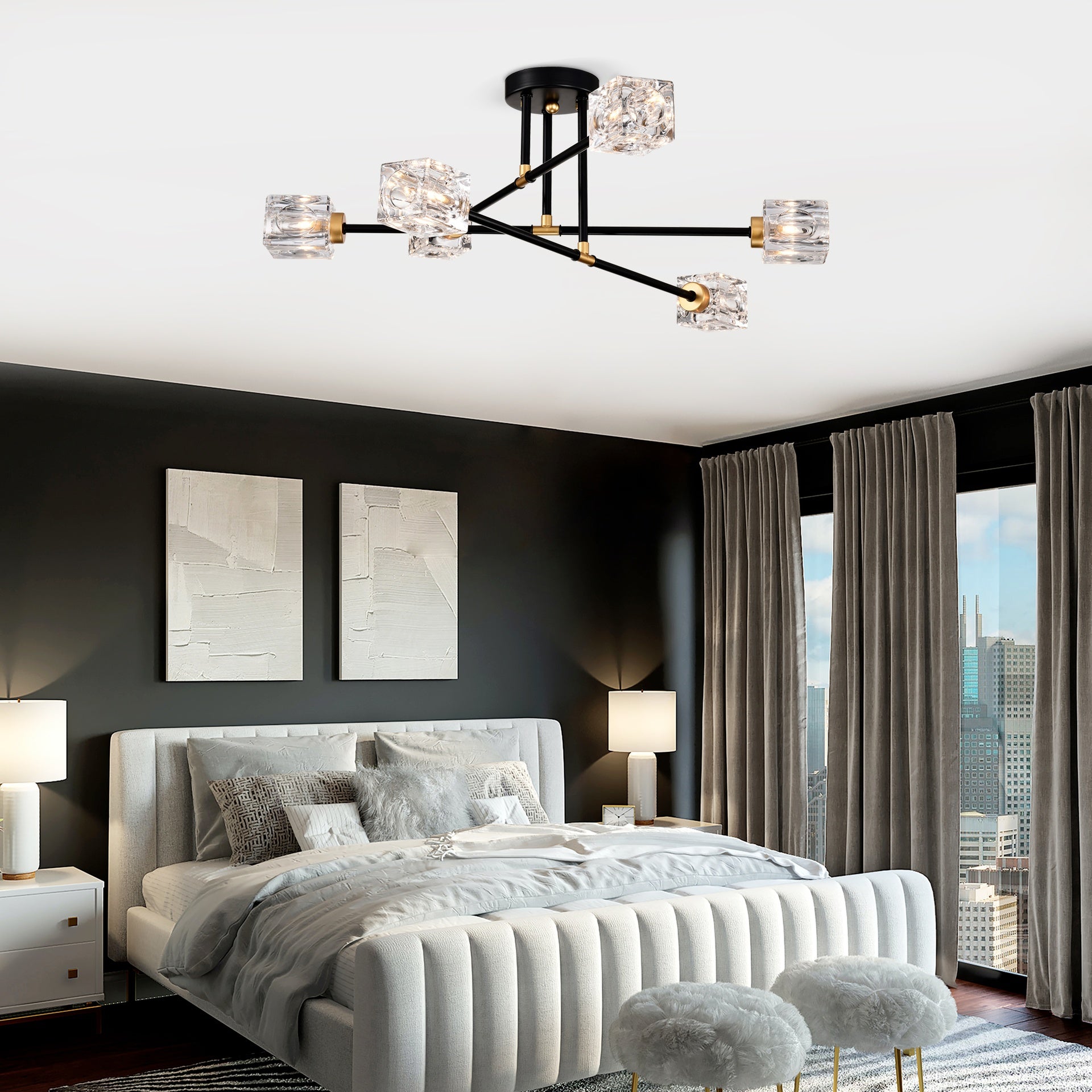 Modern Ceiling Lamp with  Light Fixture (6*G9 Bulbs Included),Modern Semi Flush Mount Light Fixture Crystal Chandelier for Dining Room, Bedroom, Living Room--Matte Black 
+Matte Gold