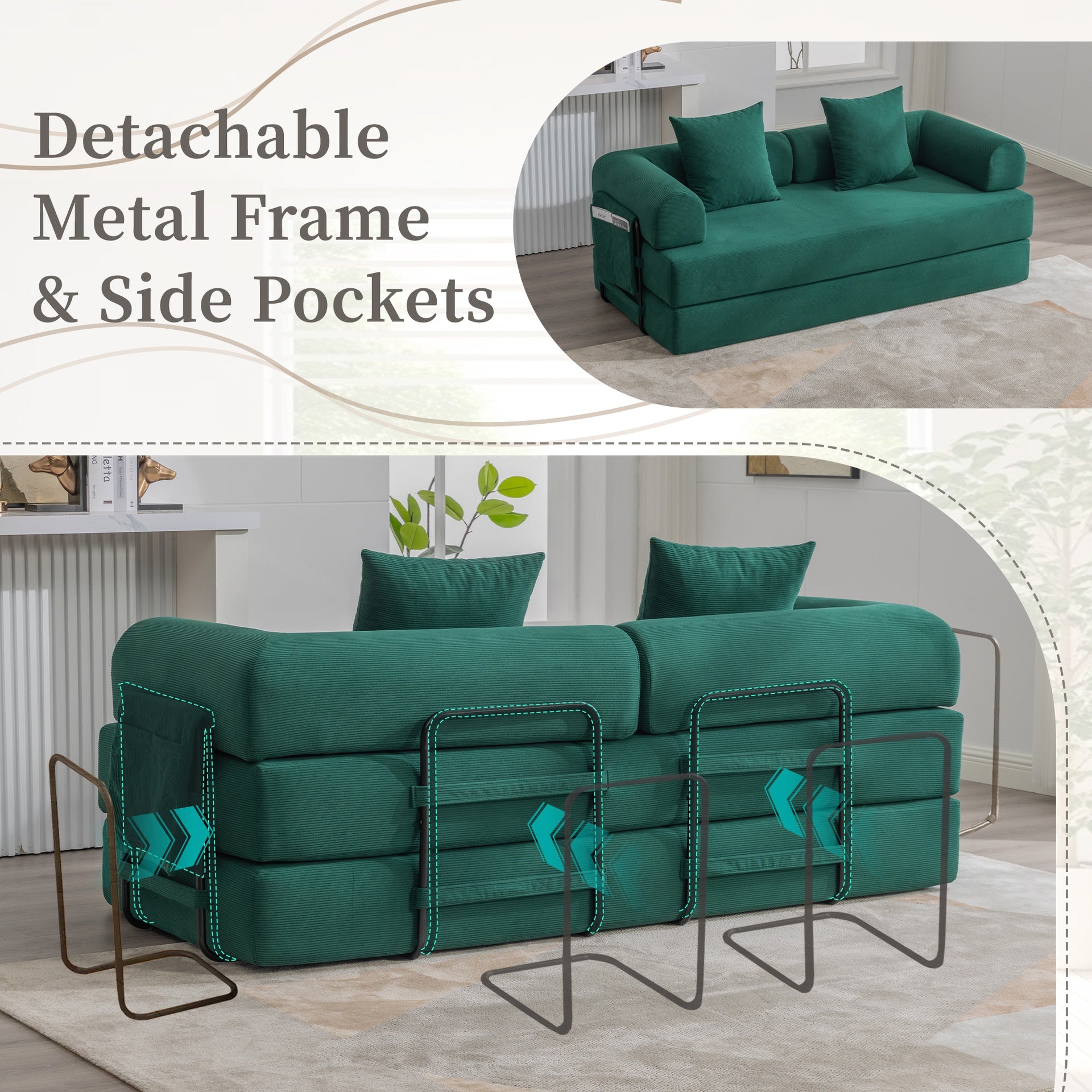 UNITED WE WIN Foldable and compressible sofa, featuring a sturdy metal frame, It allows you to freely create a personalized leisure area. A combination of modern metal and fabric for Small Spaces