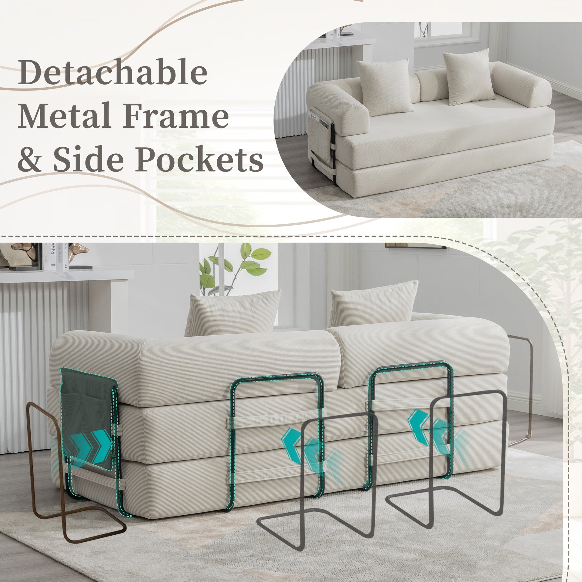 UNITED WE WIN Foldable and compressible sofa, featuring a sturdy metal frame, It allows you to freely create a personalized leisure area. A combination of modern metal and fabric for Small Spaces