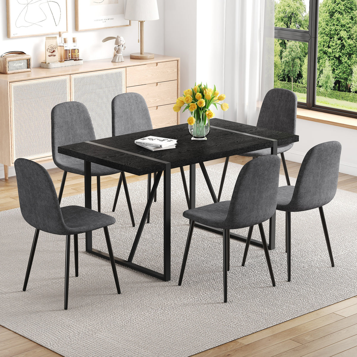 Table and Chair Set. A 55-Inch minimalist retro rectangular dining table with a black textured top.Paired with 6 Dark Gray Linen-Cotton Material High Resilience Dining Chair with Metal Leg.