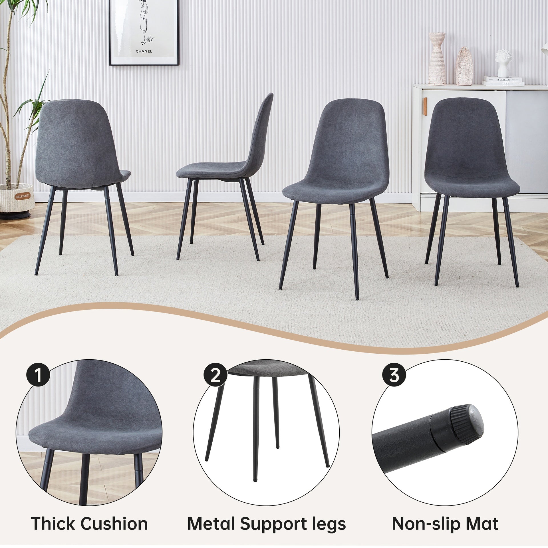 Table and Chair Set. A 55-Inch minimalist retro rectangular dining table with a black textured top.Paired with 6 Dark Gray Linen-Cotton Material High Resilience Dining Chair with Metal Leg.