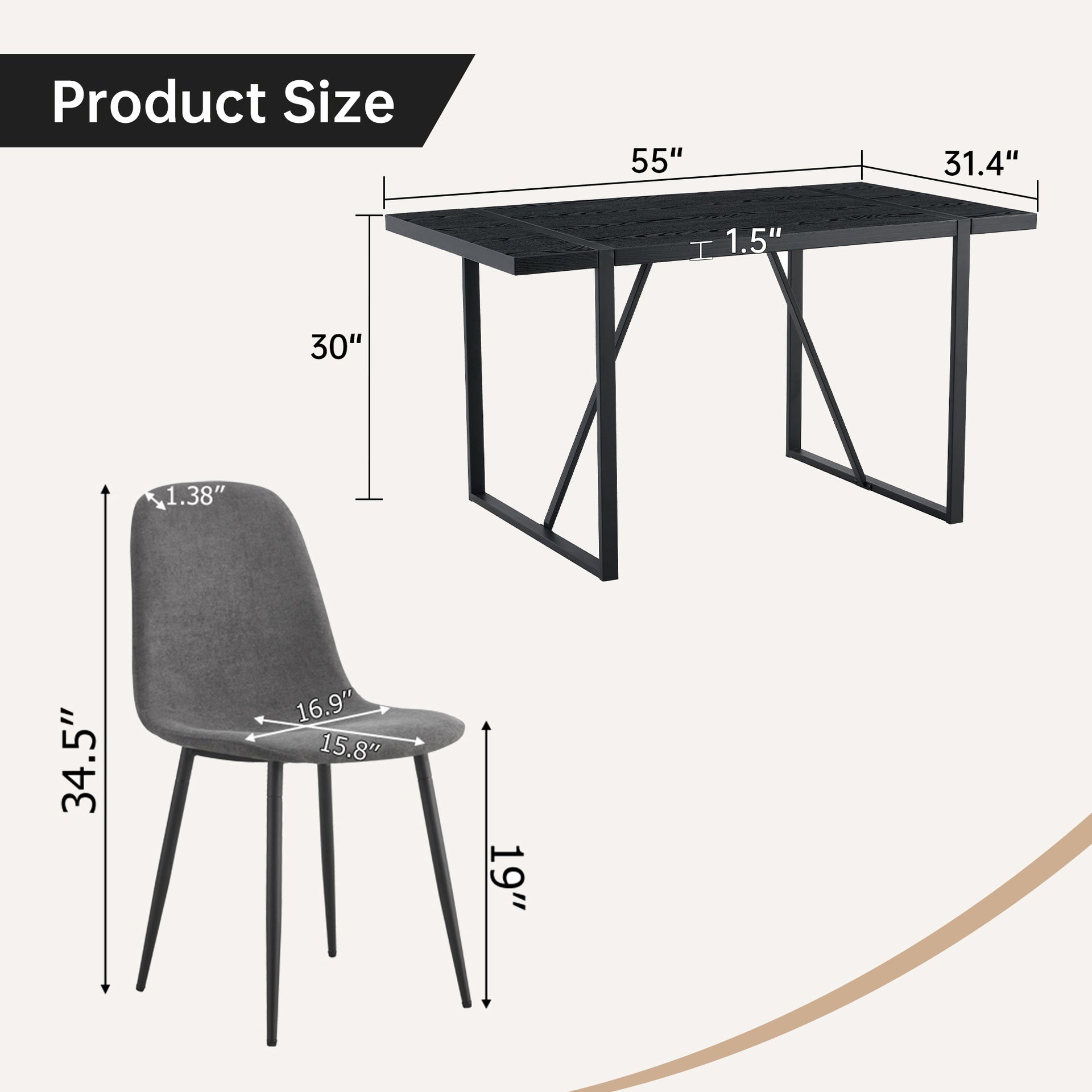 Table and Chair Set. A 55-Inch minimalist retro rectangular dining table with a black textured top.Paired with 6 Dark Gray Linen-Cotton Material High Resilience Dining Chair with Metal Leg.