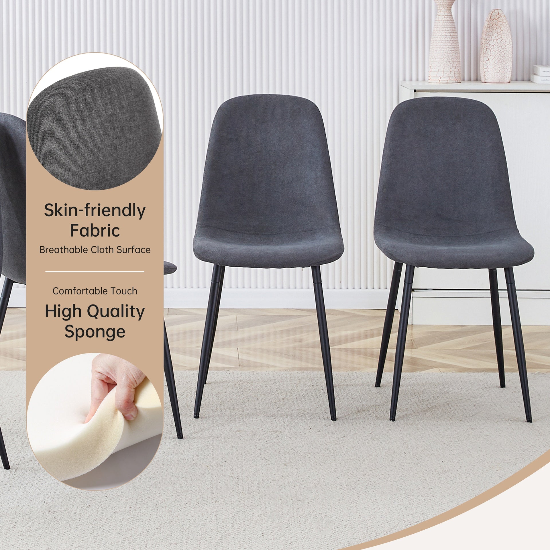 Table and Chair Set. A 55-Inch minimalist retro rectangular dining table with a black textured top.Paired with 6 Dark Gray Linen-Cotton Material High Resilience Dining Chair with Metal Leg.