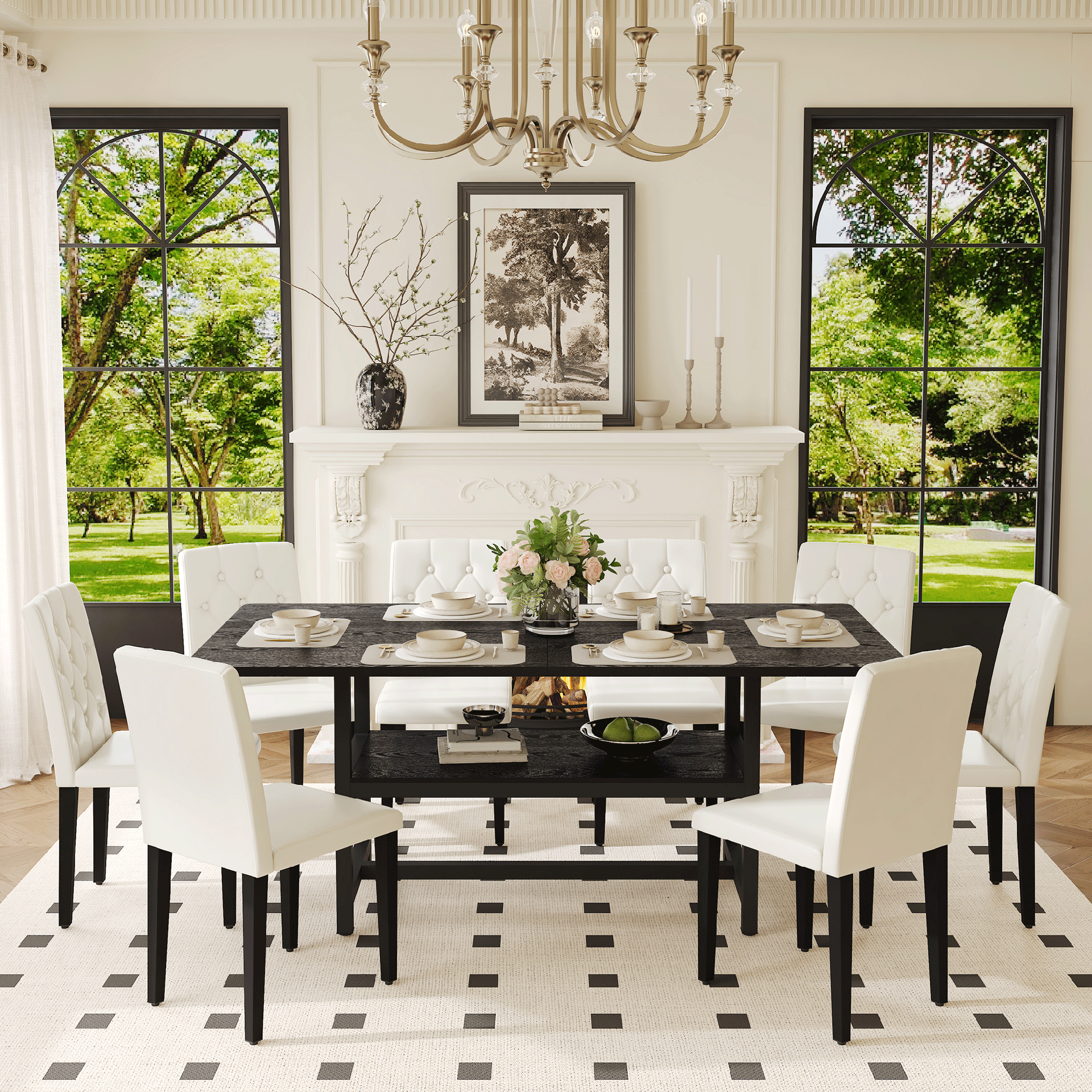 Table and chair set.71*35.4 inch Black Grain Spliced Dining Table With Storage Function In The Middle Of The Table Legs.Paired with 8 WHITE PU dining chairs with ergonomic buckle backrest.